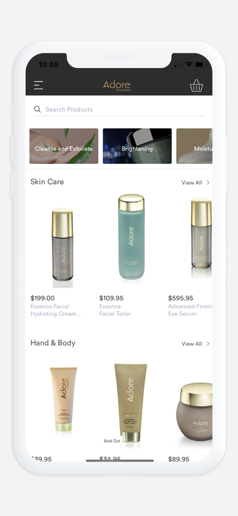 Adore Cosmetics - Die Benutzeroberfläche der Adore Cosmetics Mobile App zeigt luxuriöse Hautpflege- und Körperpflegeprodukte mit Preisen an.