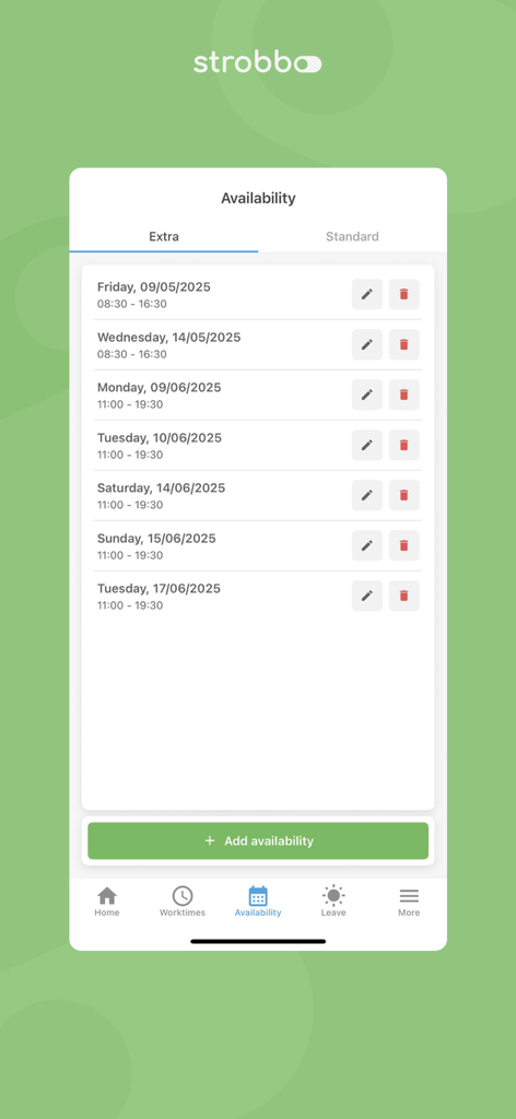 Strobbo Mobile App Verfügbarkeits-Oberfläche mit einer Liste von zusätzlichen Schichtdaten und -zeiten mit der Option, Verfügbarkeit hinzuzufügen.