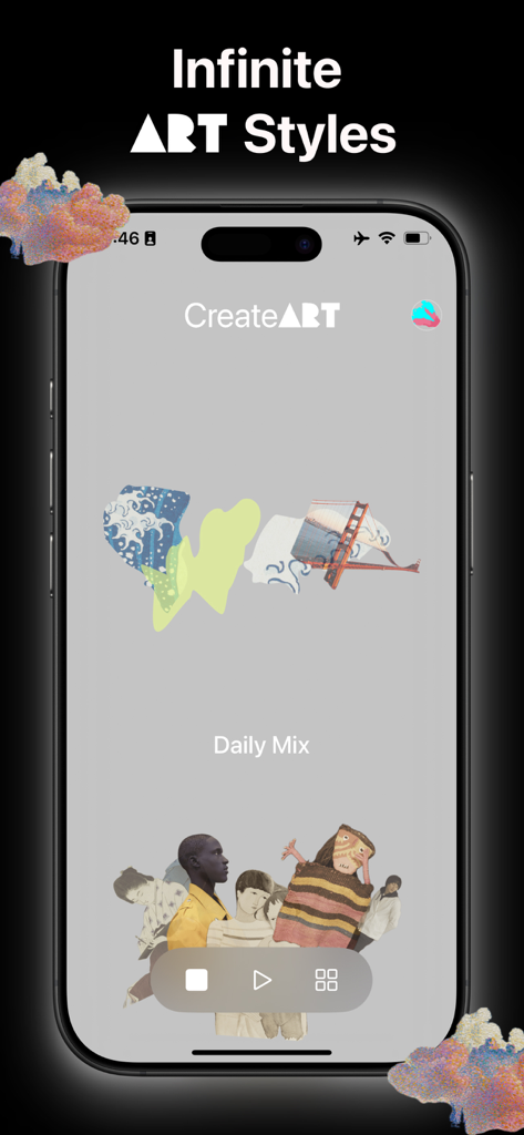 Create ART: Gen Ai Art Player - Interfaz de la aplicación Create ART que muestra estilos de arte infinitos y reproductor de mezcla diaria