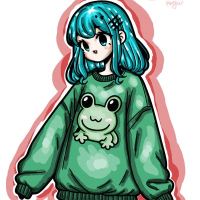 girl wearing frogging sweatshirt