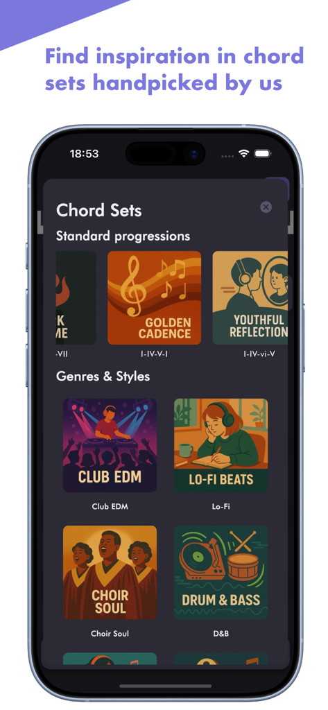Horucco app screen showing handpicked chord sets and various music genres for songwriting inspiration