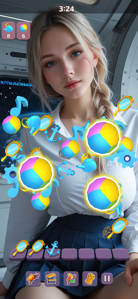 Una captura de pantalla de Date Match 3D mostrando jugabilidad de triple coincidencia con un fondo de personaje femenino