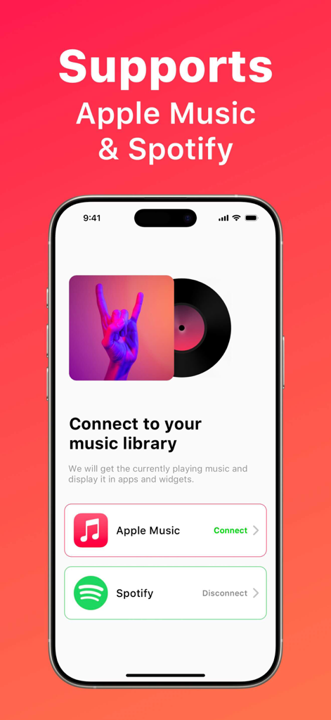 VinylPod app setup screen connecting Apple Music and Spotify libraries.