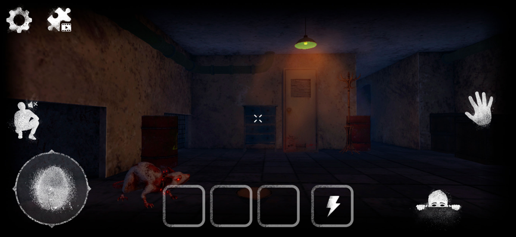Teddy Freddy: Horror Games 3D - Una captura de pantalla del juego de Teddy Freddy Horror Games 3D que muestra una habitación oscura en el sótano con una rata mutada e iconos de interfaz del juego
