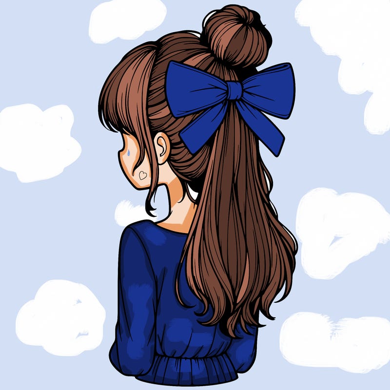 realistic girl  with hip length hair a bun and a big bow on the back of head