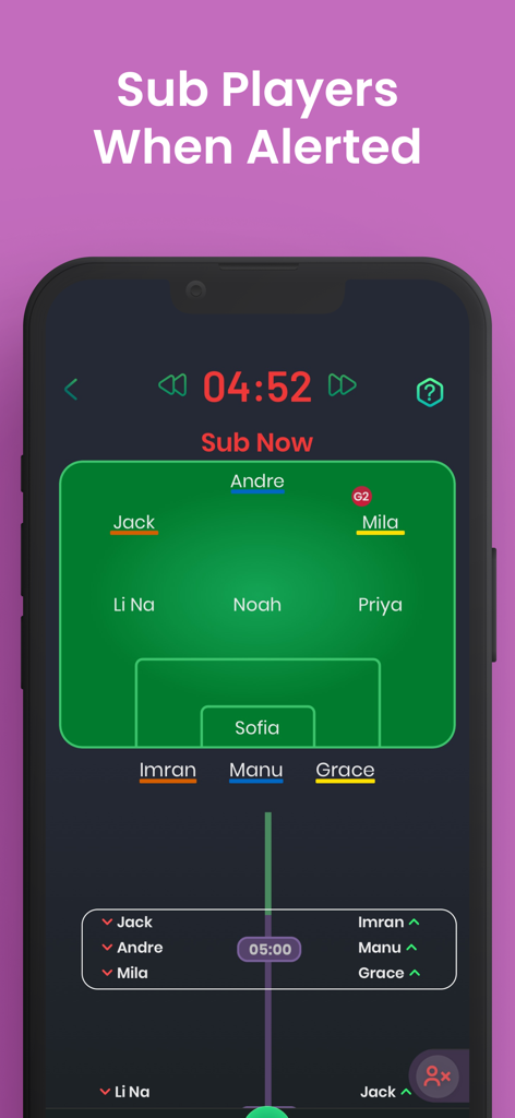 SubNow: Player Rotation Timer - SubNow app interface displaying a soccer field with player names and a sub now notification for fair rotations