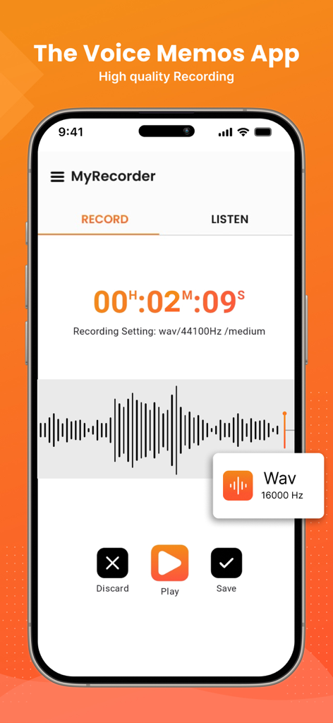 The voice memos app - Pantalla de grabación de la aplicación de notas de voz que muestra una forma de onda de audio wav de alta calidad y temporizador en un iPhone