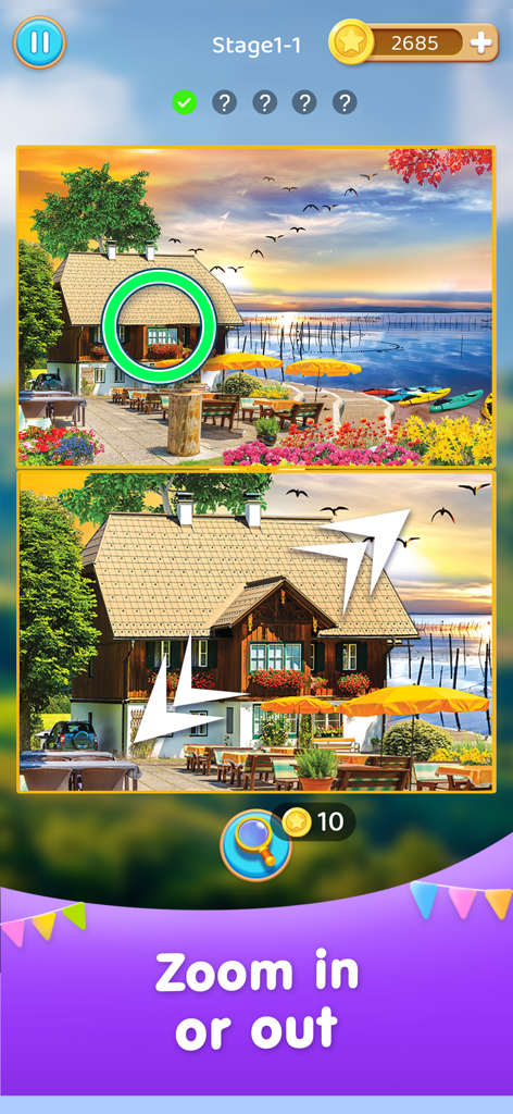 Una pantalla de juego móvil mostrando dos imágenes idénticas de una casa y un lago con una función de acercar o alejar