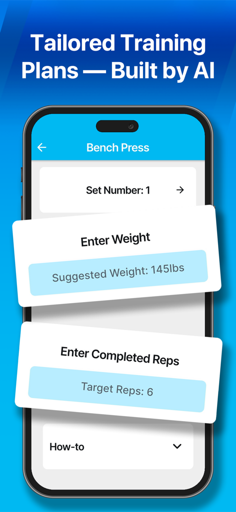 Mobile Benutzeroberfläche der Coach AI App, die vorgeschlagene Gewichte und Ziel-Wiederholungen für eine Bankdrück-Übung anzeigt