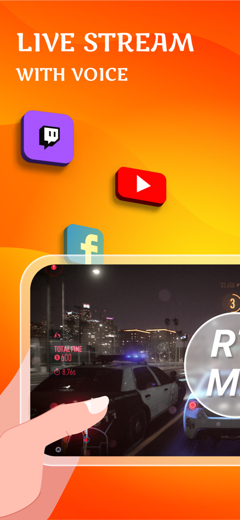 Screen Recorder for iPhone HD - Mobile App-Oberfläche zeigt Live-Streaming von Gameplay auf Twitch YouTube und Facebook mit Stimme