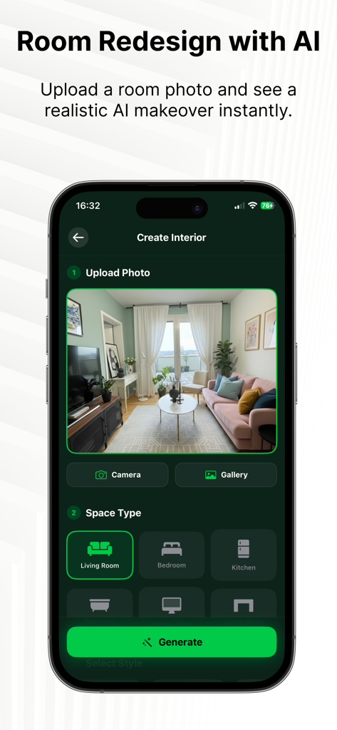 Mobile app interface for Renova AI showing a living room photo upload and space type selection for an instant AI room makeover