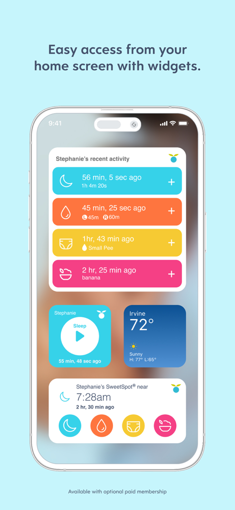Huckleberry baby tracker widgets on an iPhone home screen showing recent activities and sleep predictions