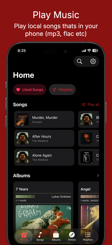 Melosik - local Music player - Melosik app home screen showing offline songs and albums in a dark mode liquid glass design.
