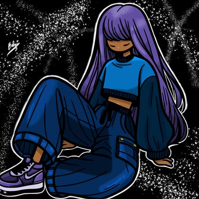 a girl with baggy pants and a crop top with long hair