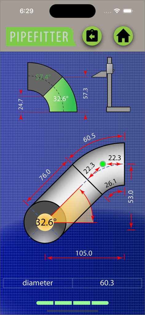 Pipefitter app technical drawing showing pipe offset dimensions and angles