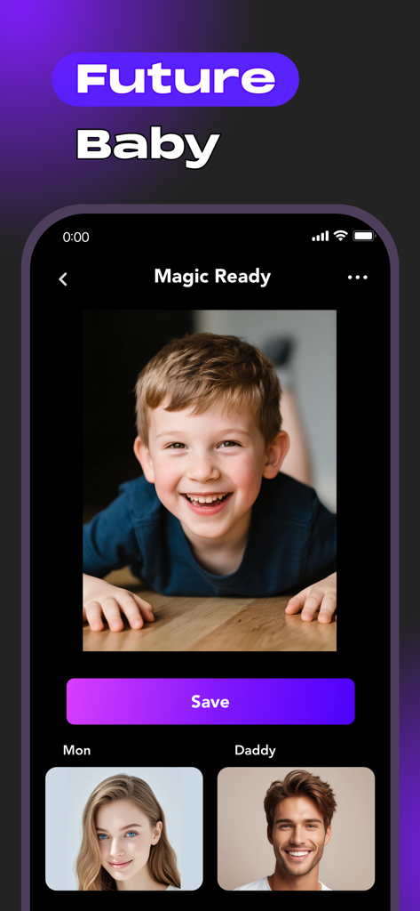 AI ReFace: Face Swap & AI Art - AI ReFace app interface showing a predicted future baby image generated from photos of a mother and father