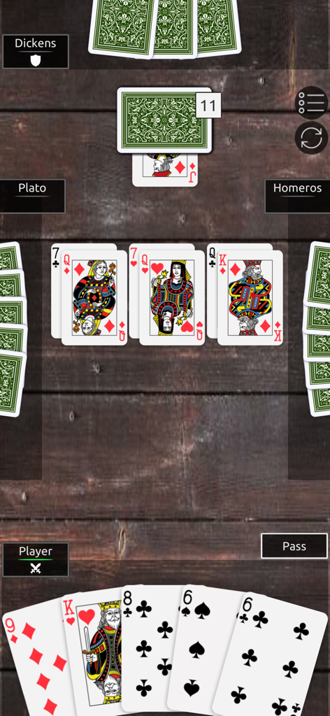 Durak - Fun Classic Card Game - Una captura de pantalla del juego de cartas clásico Durak mostrando cartas jugadas sobre una mesa de madera durante una partida.