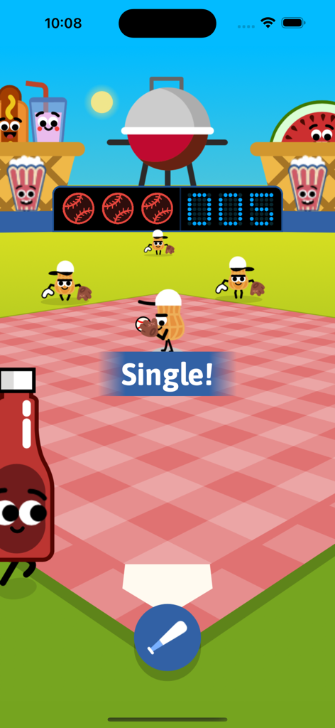 Doodle food characters playing baseball on a red and white picnic blanket field with a Single message displayed.