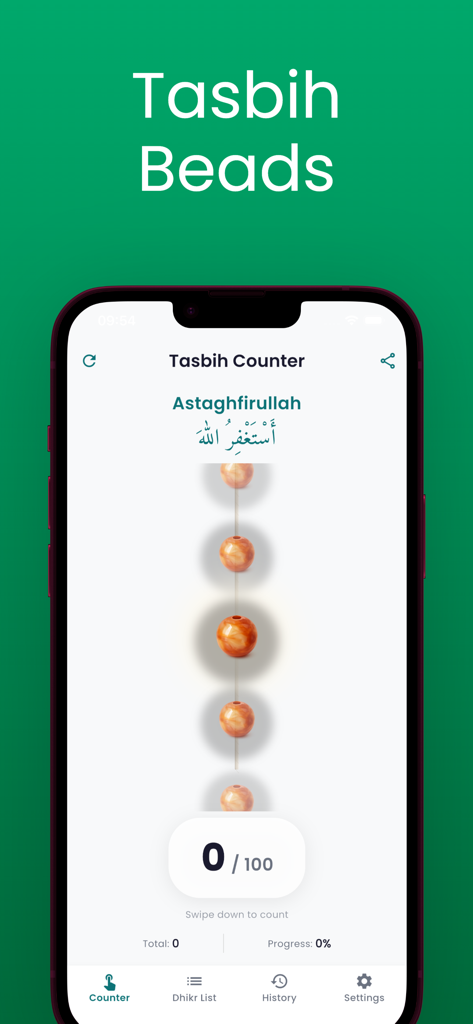 Tasbih Counter – Daily Dhikr - A mobile app interface for Tasbih Counter featuring realistic amber prayer beads and a progress tracker for dhikr.