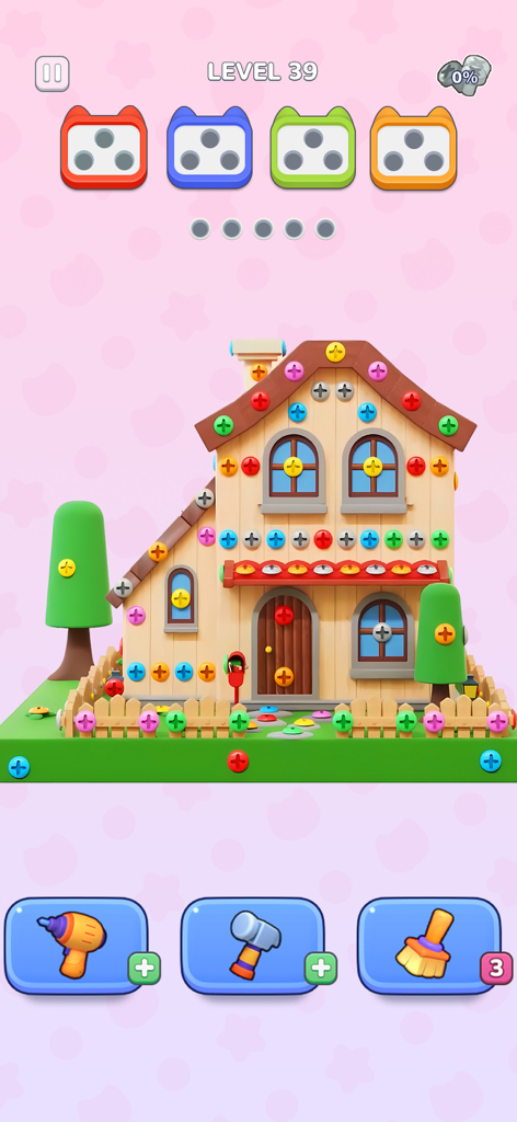 A 3D wooden house puzzle in 3D Bolt Master featuring colorful screws and sorting boxes.