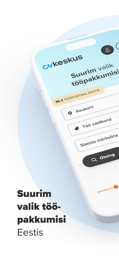 Mobile Ansicht der CVKeskus Jobportal-App mit Suchfiltern für Standort und Berufsfelder in Estland.