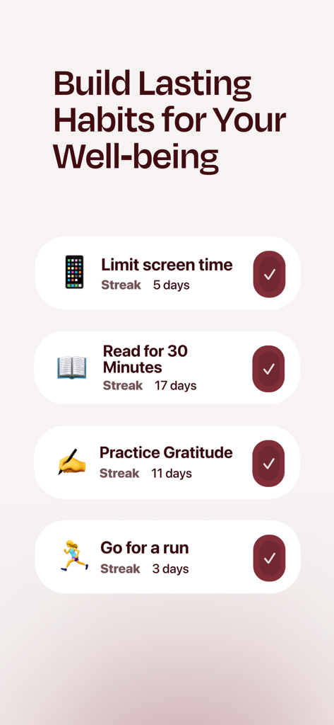 Sourhealing app habit tracker interface showing daily streaks for wellness activities like reading and exercise