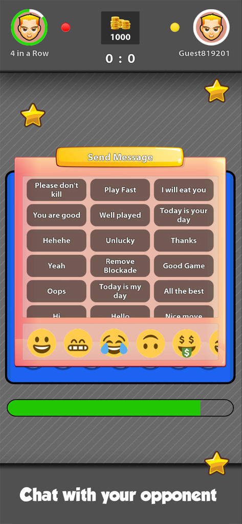 Ventana de chat dentro del juego en Conecta Cuatro Online que muestra opciones de mensajes rápidos y emojis.