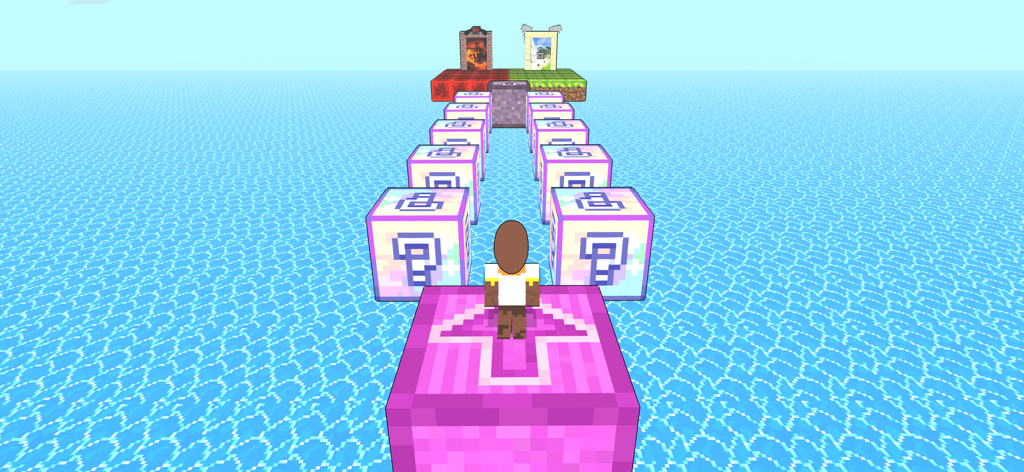 Tenge Jump Up: Heaven or Hell - Tenge Tenge character standing on a platform facing Heaven and Hell portals in a sky blocky parkour level