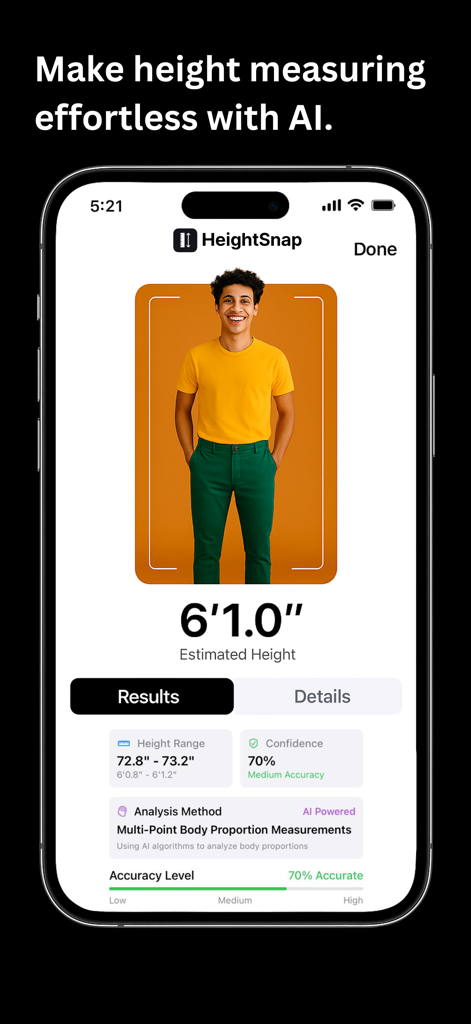 Height Measure - HeightSnap - HeightSnap app interface showing an AI height estimation of six feet one inch for a man in a photo