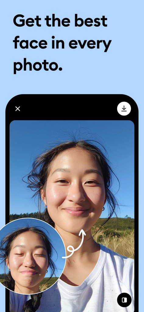 Smartphone screen showing the Remini app enhancing a woman's facial expression from eyes closed to a smiling portrait.