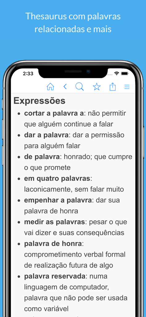 Dicionário Português. - Dicionario Portugues app showing a list of common Portuguese expressions and idioms.