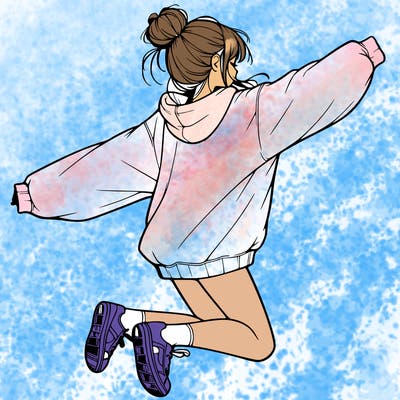 realistic girl jumping with a bun and oversized sweatshirt