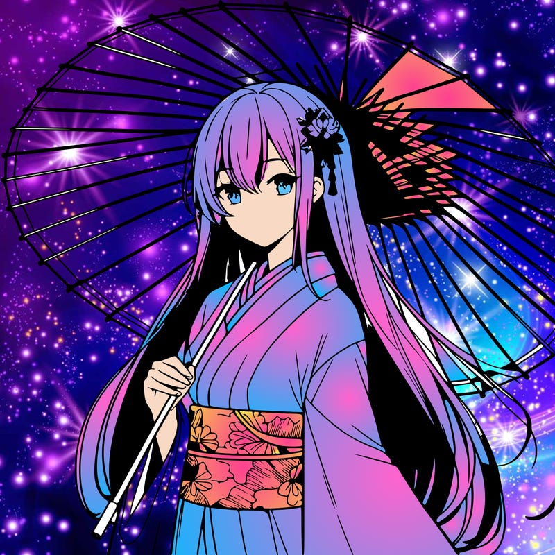 anime style long hair mature woman wearing short kimono holding japanese umbrella