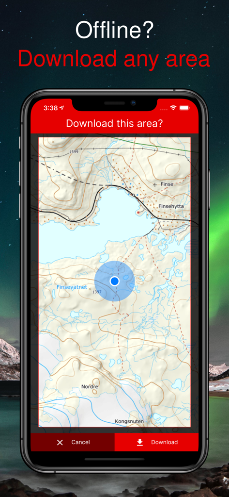 Smartphone screen showing the offline map download feature in the Norgeskart app