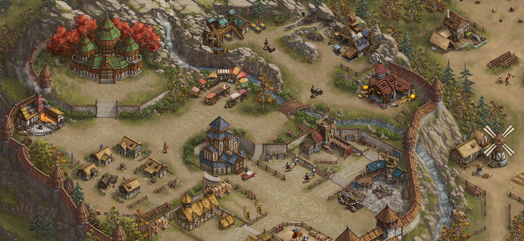 Top down view of a fortified medieval settlement with buildings and soldiers in the game Khan Wars
