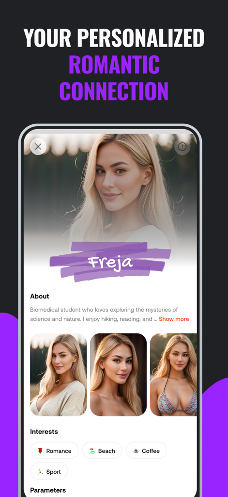 Flamify: AI Chat & Love Dating - Profile interface of an AI character named Freja in the Flamify app showing photos and interests.