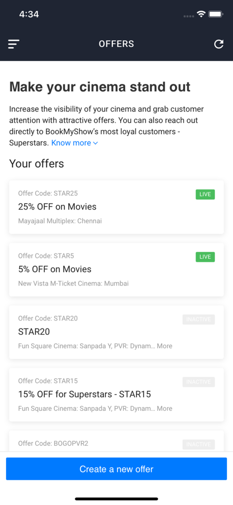 BookMyShow Partner - Tableau de bord permettant aux propriétaires de cinéma de gérer et de créer des offres promotionnelles de billets dans l'application BookMyShow Partner.