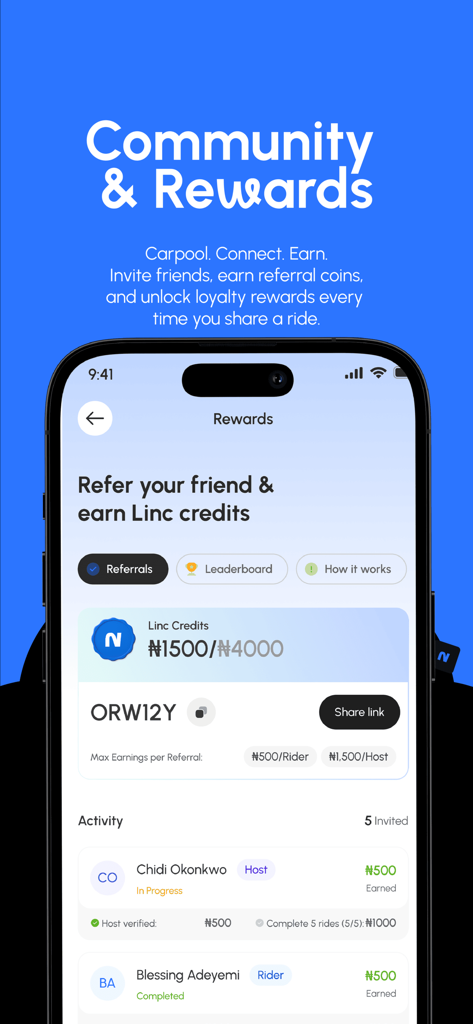 Linc Ride - Écran Récompenses de l'application Linc Ride affichant les crédits de parrainage et l'activité communautaire.