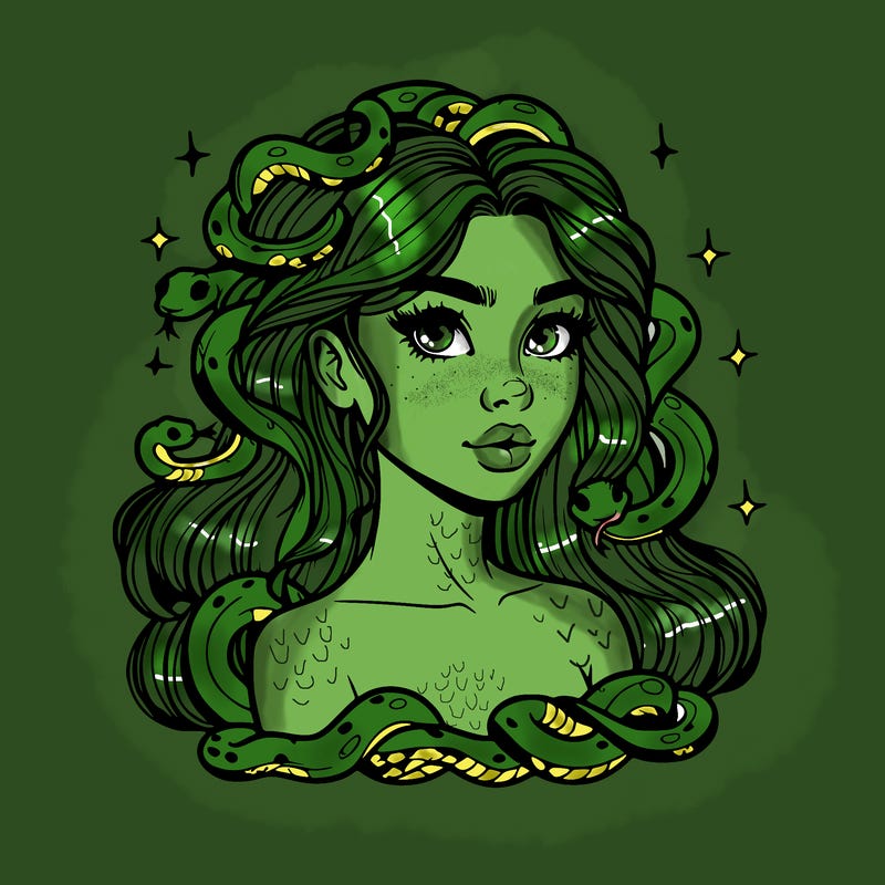 realistic girl with snakes as hair