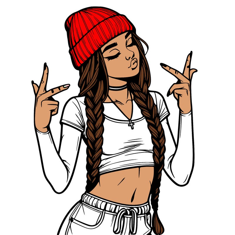 realistic teenage girl with braids and a beanie and crop top doing 🫶🏼