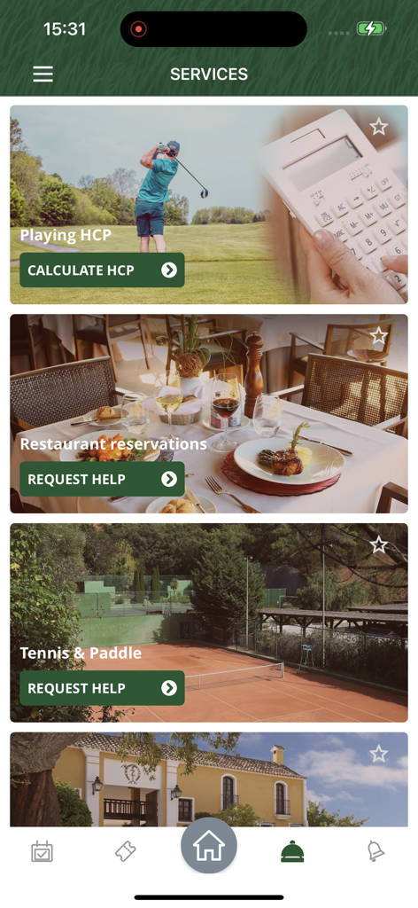 Club de Campo La Zagaleta - Pantalla de la aplicación móvil que muestra servicios para socios del club La Zagaleta, incluyendo hándicap de golf y reservas de restaurantes
