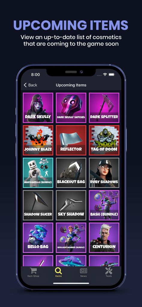 fnbr.co — Tracker for Fortnite - Mobile app screen displaying upcoming Fortnite cosmetics and skins in a grid layout.