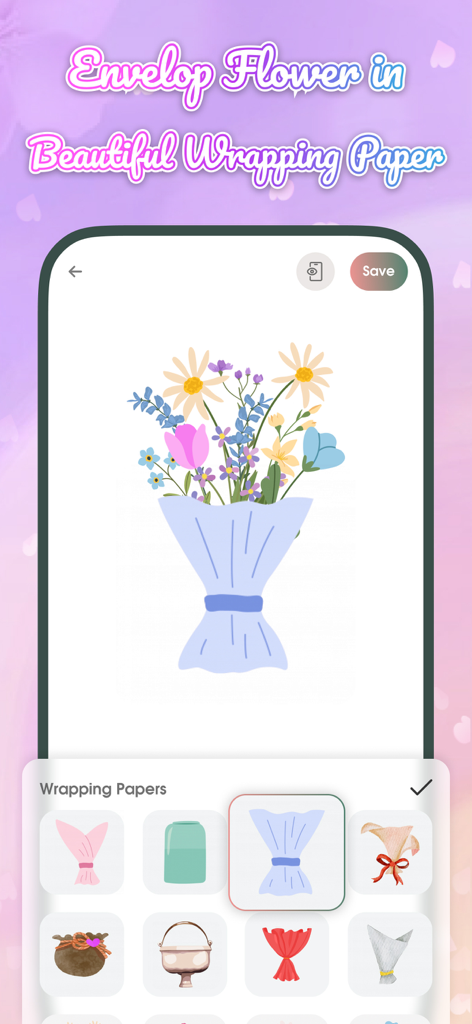 Flower Language: DIY Wallpaper - Interface de buquê de flores DIY com diferentes opções de papel de embrulho para um papel de parede personalizado