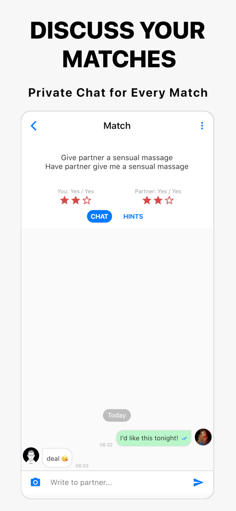 Spicer - Sex Ideas For Couples - Una interfaz móvil para la aplicación Spicer que muestra una función de chat privado para que las parejas discutan ideas de intimidad coincidentes, como dar un masaje sensual.