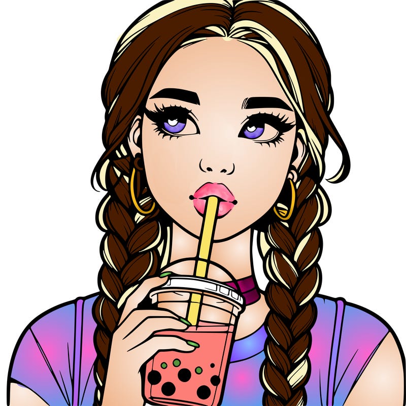 realistic girl with braided hair drinking boba