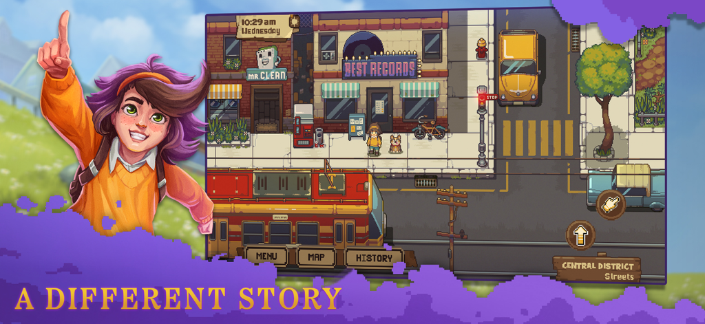 Bloomtown gameplay featuring pixel art graphics of a 1960s American town