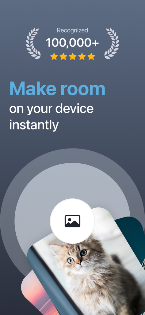 Purilo Cleaner App interface showing the Make room on your device instantly message with a photo of a cat and 5 star rating