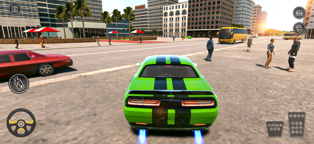 Extreme Car Racing: Stunt Game - Carro musculoso verde dirigindo por uma cidade no jogo de dublês Extreme Car Racing