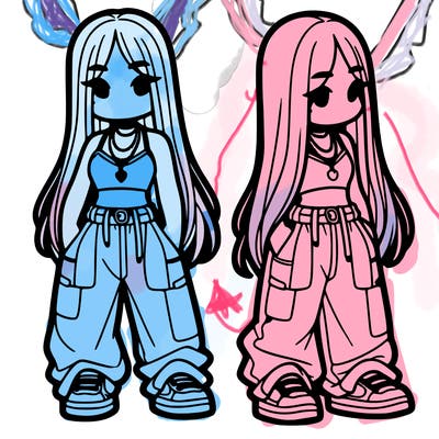 girl in baggy pants crop top and long hair