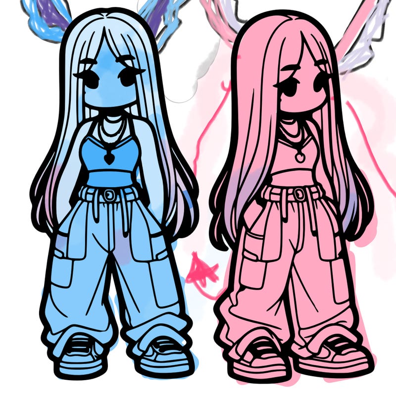 girl in baggy pants crop top and long hair